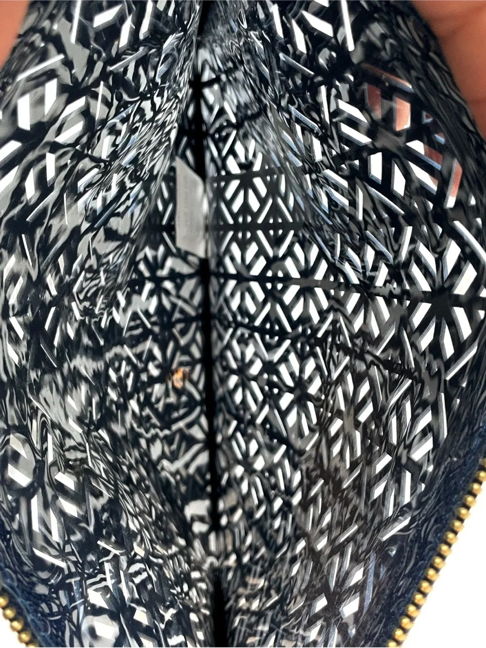 Tory Burch Navy Patent Geometric Cutout Zip Wristlet Clutch w/ Gold Hardware